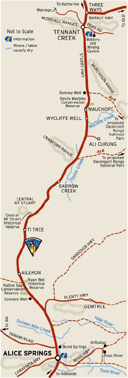 Tennant Creek to Alice Springs on the Adventure Tours Plus Bus with a guide and mix of camping and accommodaet hostels. Courtesy of Northern Territory Tourism  Commission - Member of Top End Tourism